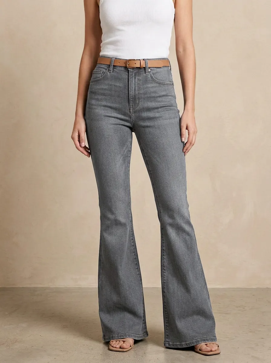 Minimal Contrast Stitch High Rise Flare Jeans