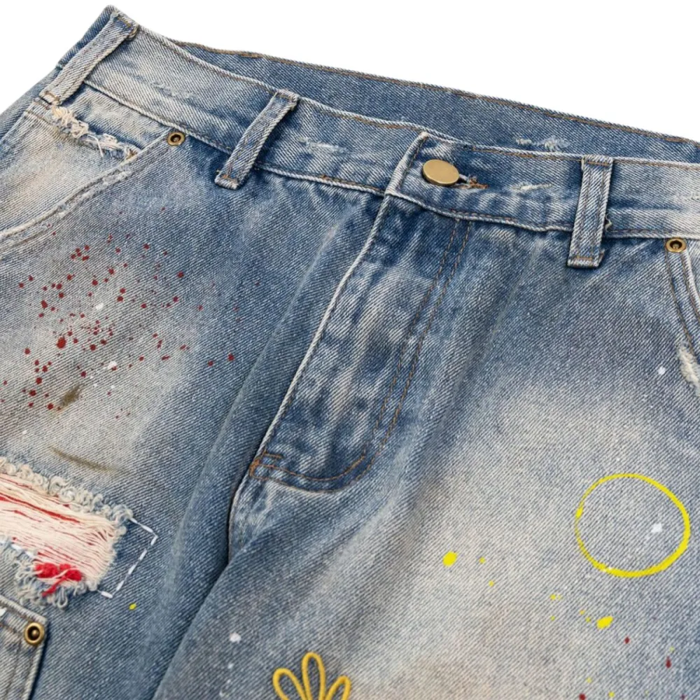 Ripped Splatter Print Denim Jeans