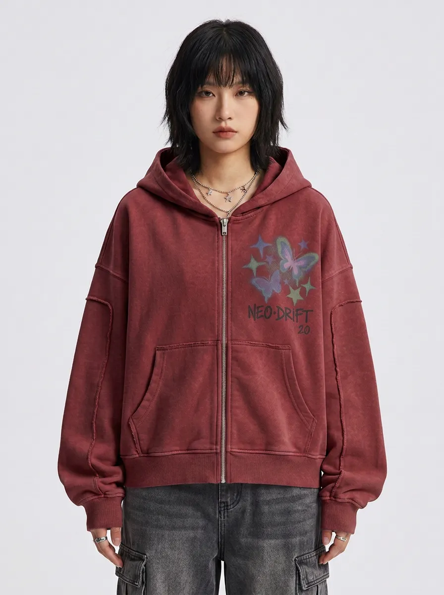 Women's Streetwear Butterfly Star Neo-Drift Printed Zip-up Hoodie