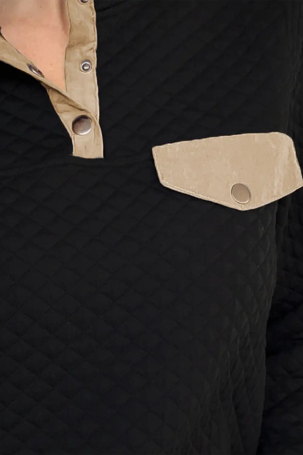 Quilted Snaps Stand Neck Fake Front Pocket Sweatshirt