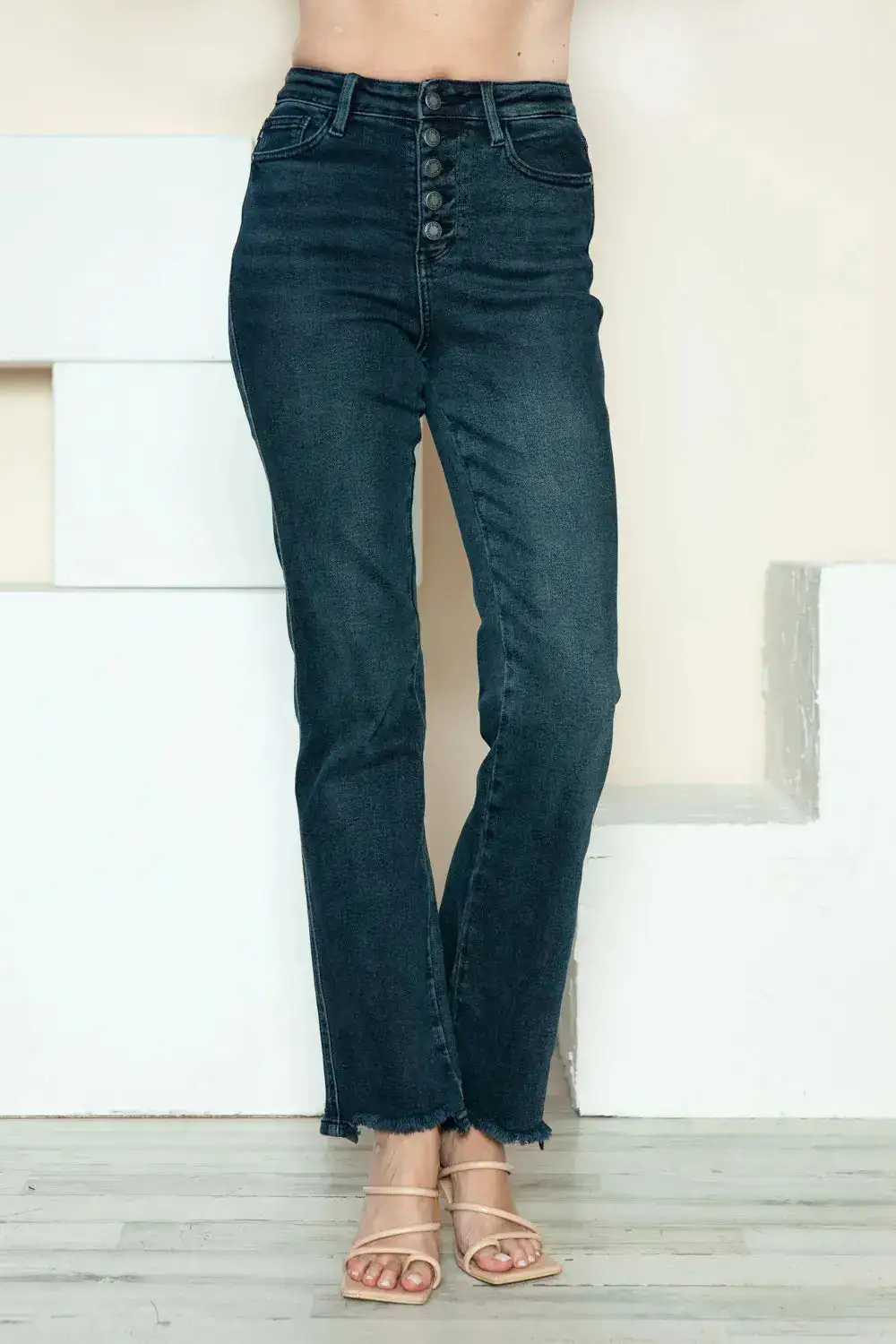 Stretch Distressed Straight-Leg Denim Jeans