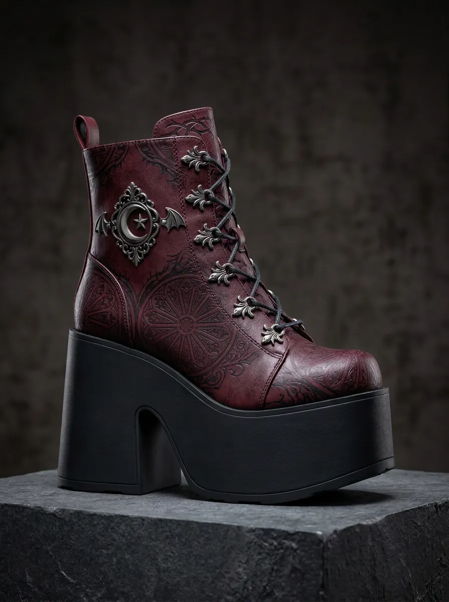 Dark Bat Moon Embossed Look Women's Gothic Platform Boots