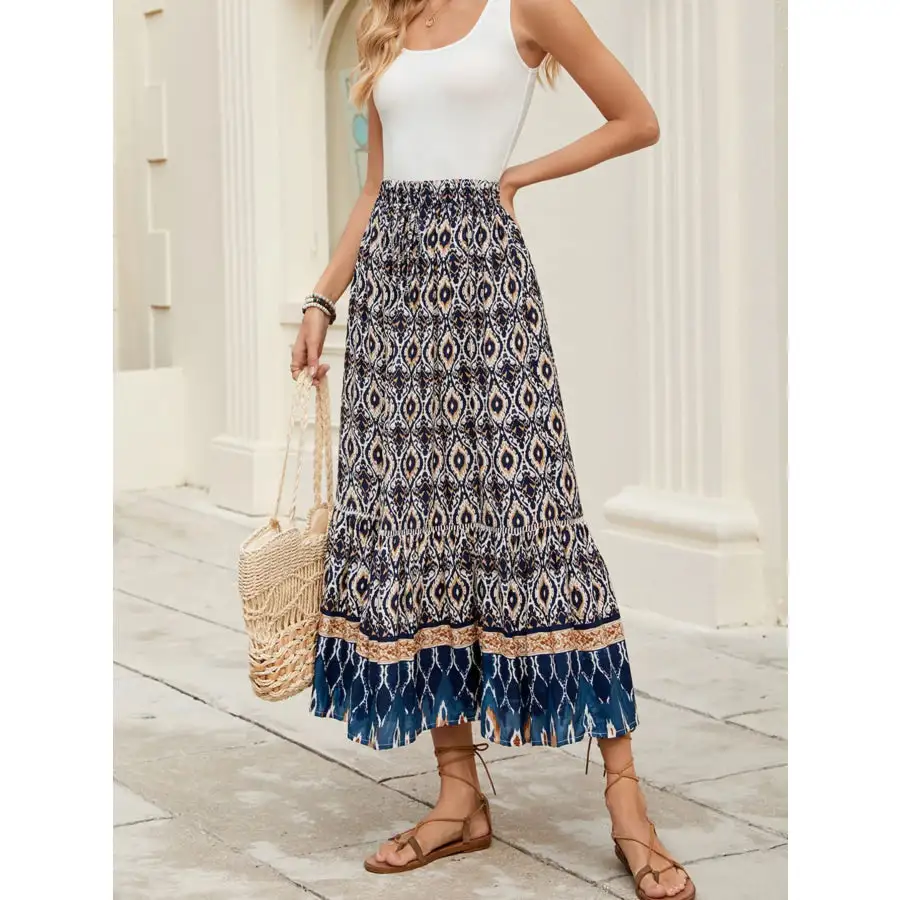 Bohemian Printed Ruched Maxi Skirt