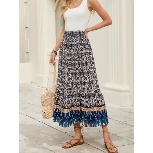 Bohemian Printed Ruched Maxi Skirt