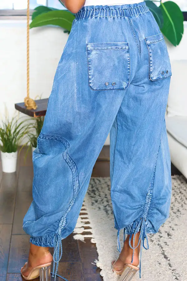 Washed Pocket Drawstring Ankle Banded Jeans