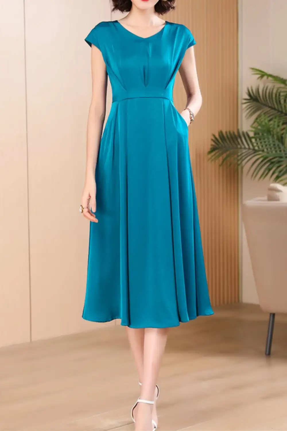 Polyester Fit And Flare V Neck Midi Dress