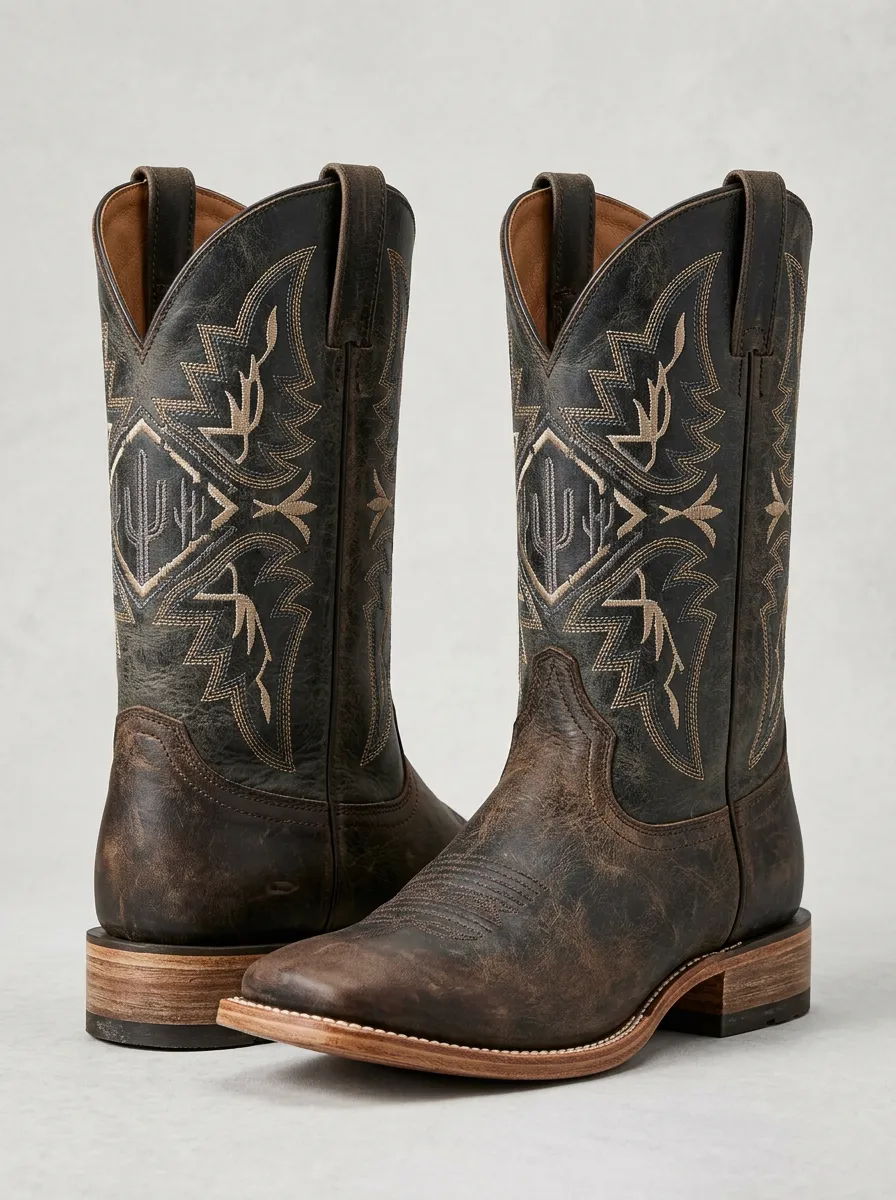 Classic Western Cactus Embroidered Leather-Look Collection Men's Western Cowboy Boots