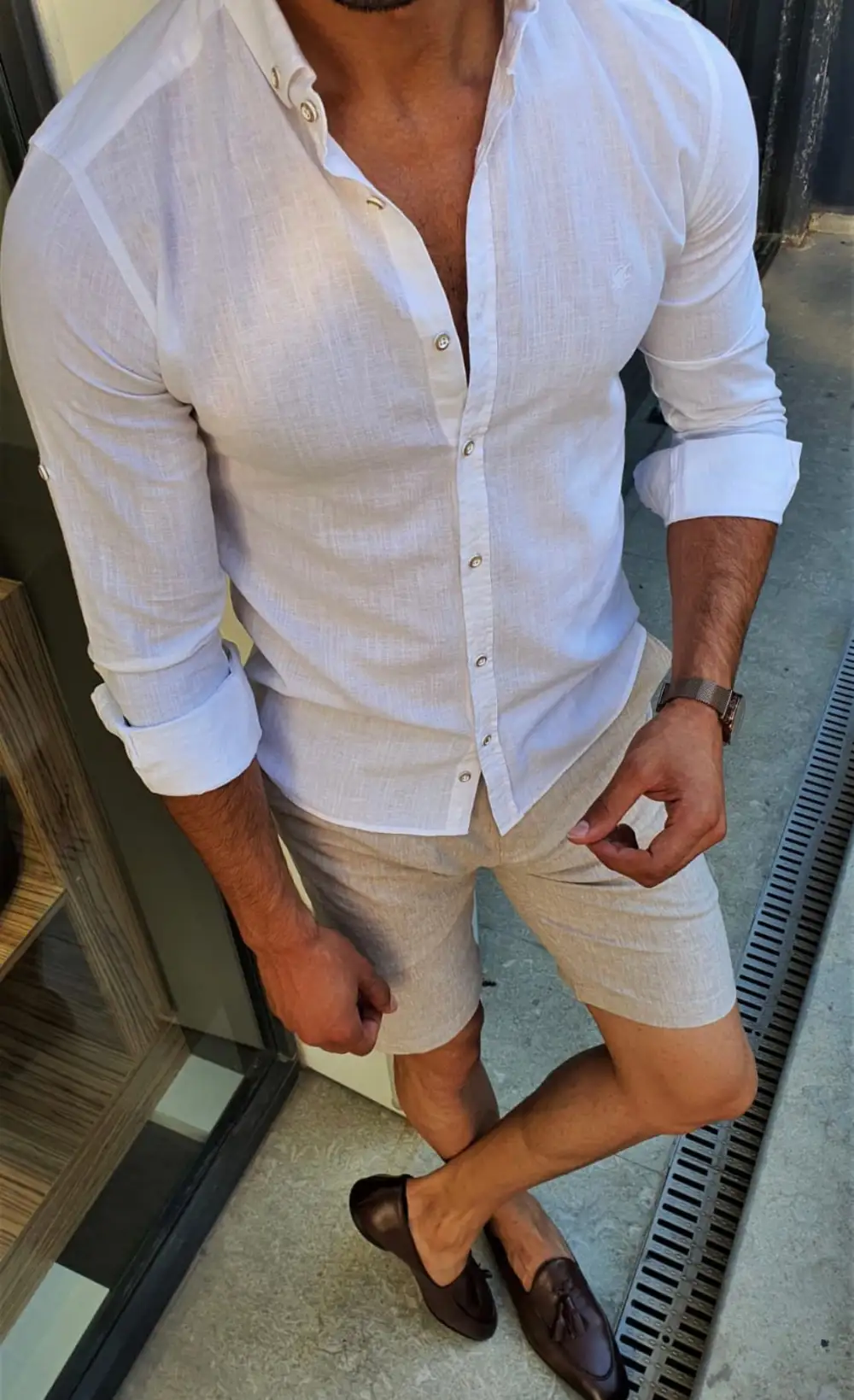 Button Collar Slim Fit Cotton Linen Casual Shirt