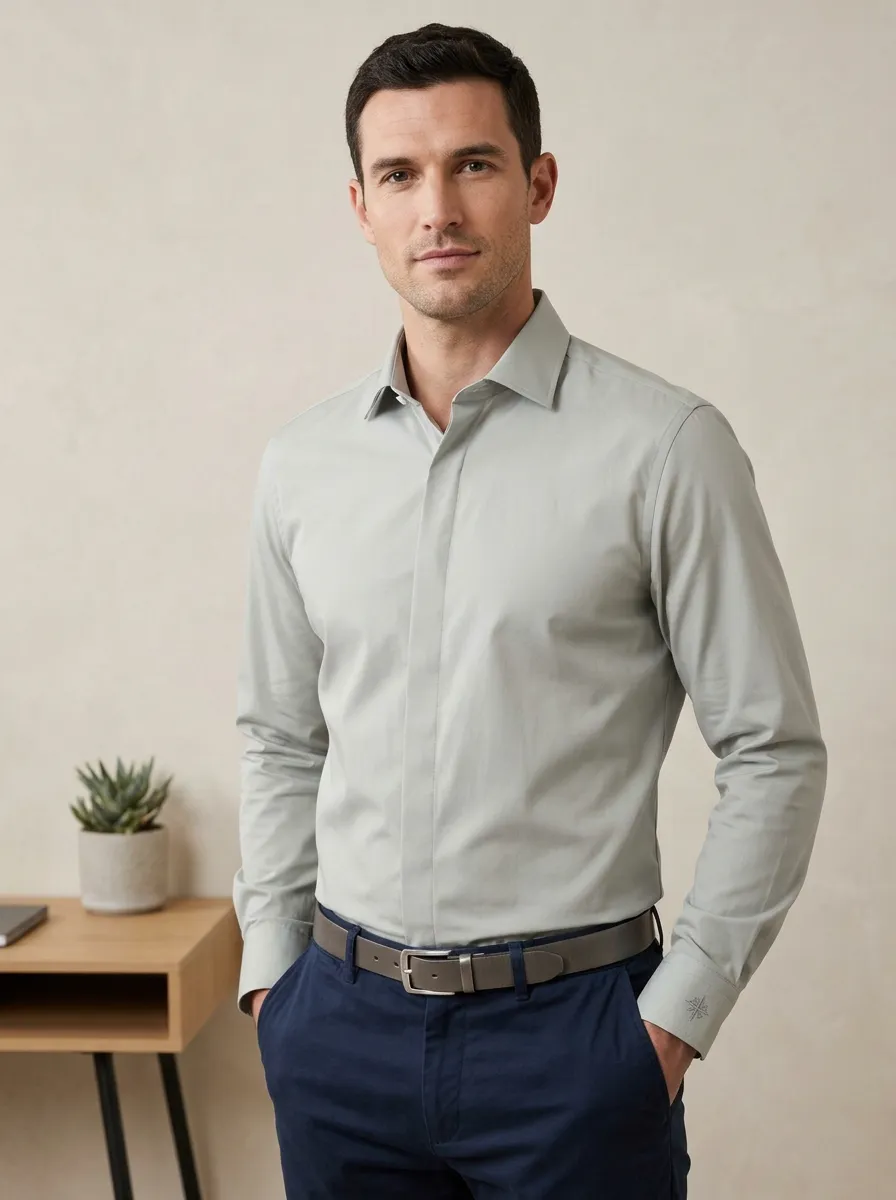 Men's Non-Iron Cotton Solid Color Embroidered Cuff Shirt