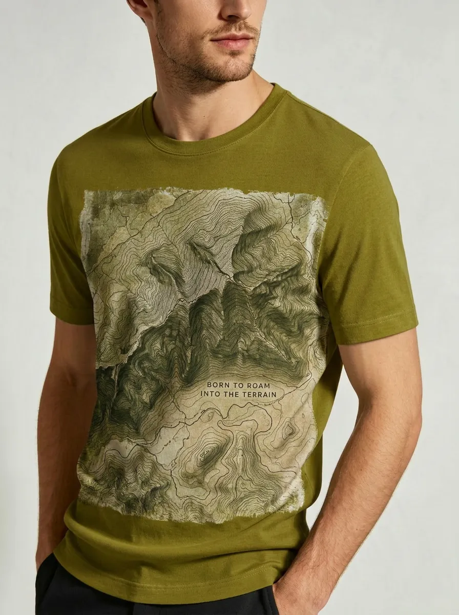 Men's Hiking Lover Topographic Map Born To Roam Printed T-shirt
