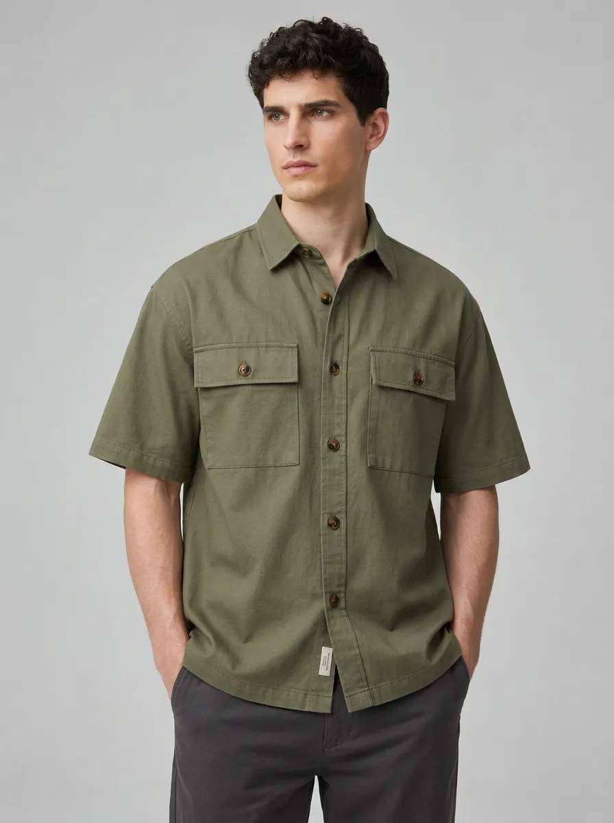 Men's Casual Olive Green Double Pocket Short Sleeve Shirt