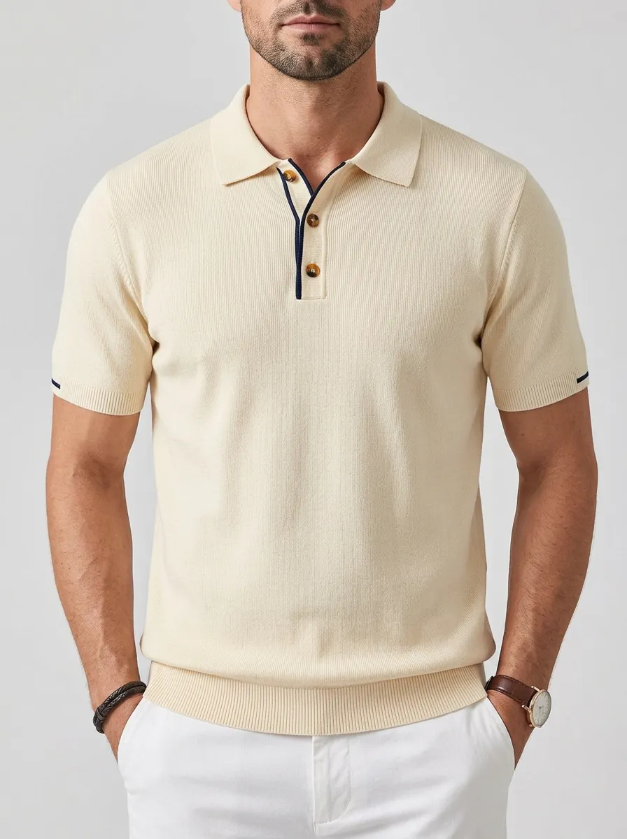 Men's Casual Minimalist Beige Ribbed Knit Polo Shirt