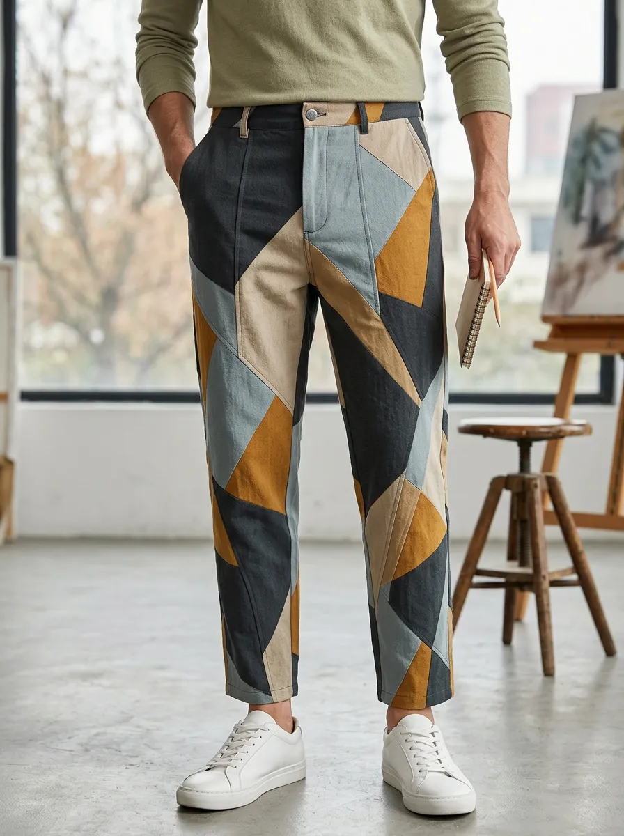 Men's Geometric Colorblock Pattern Printed Casual Pants