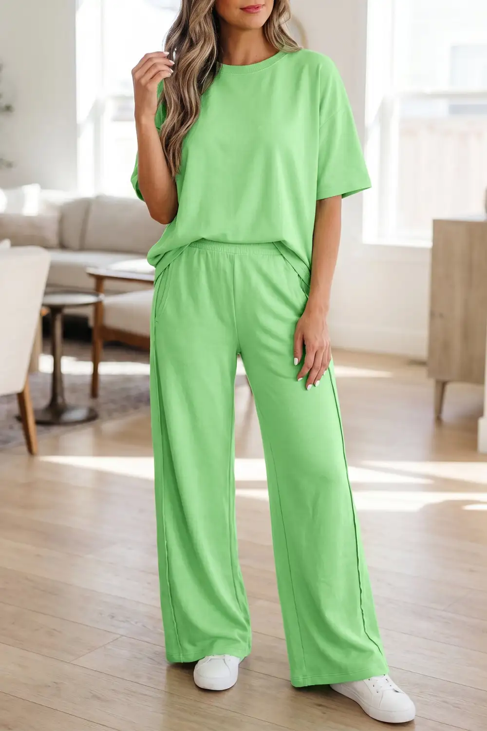 Women's Solid Cover Oversize Tee Pocketed Casual Pants Two Piece Outfit