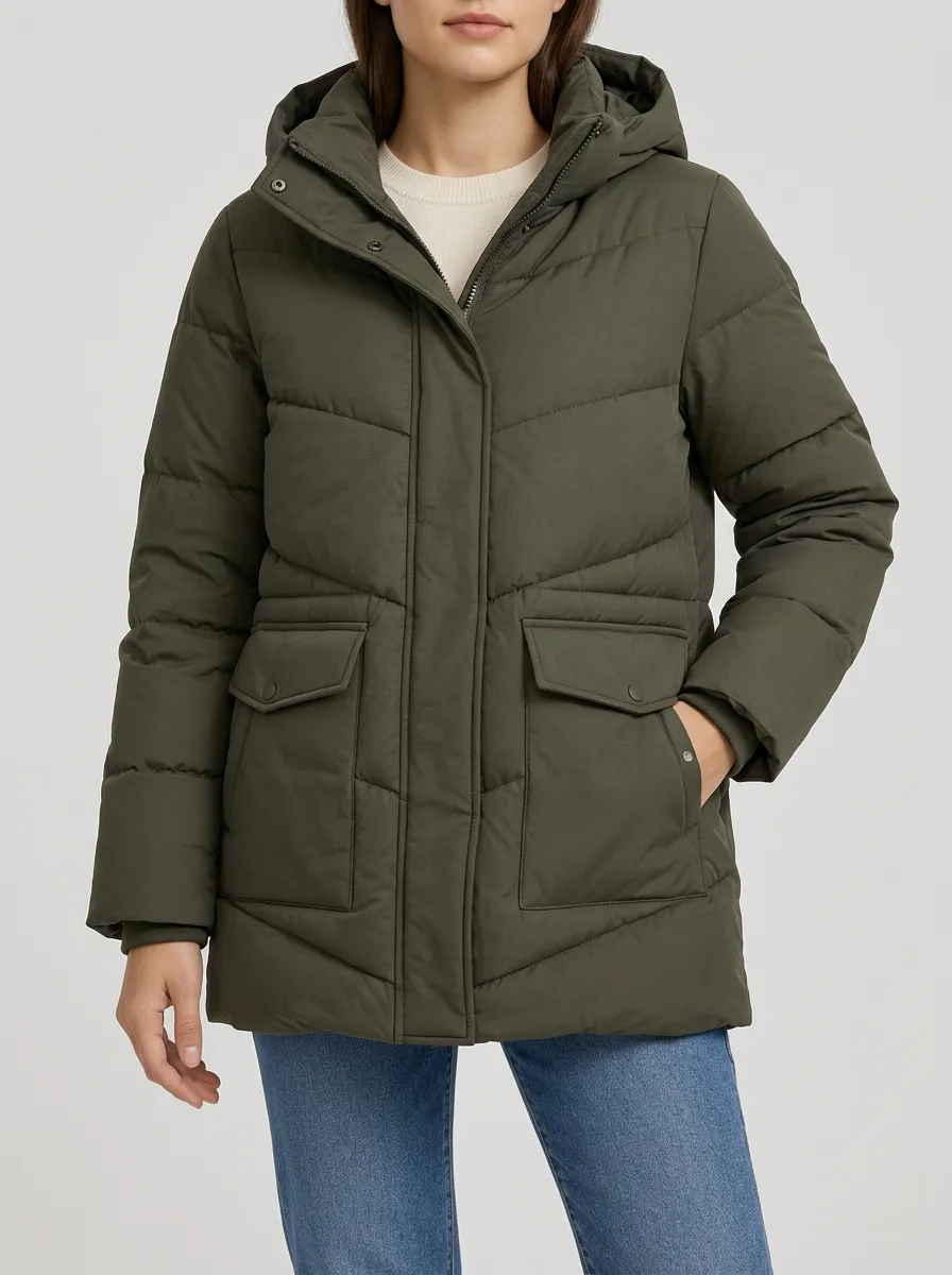 Women's Olive Hooded Puffer Jacket