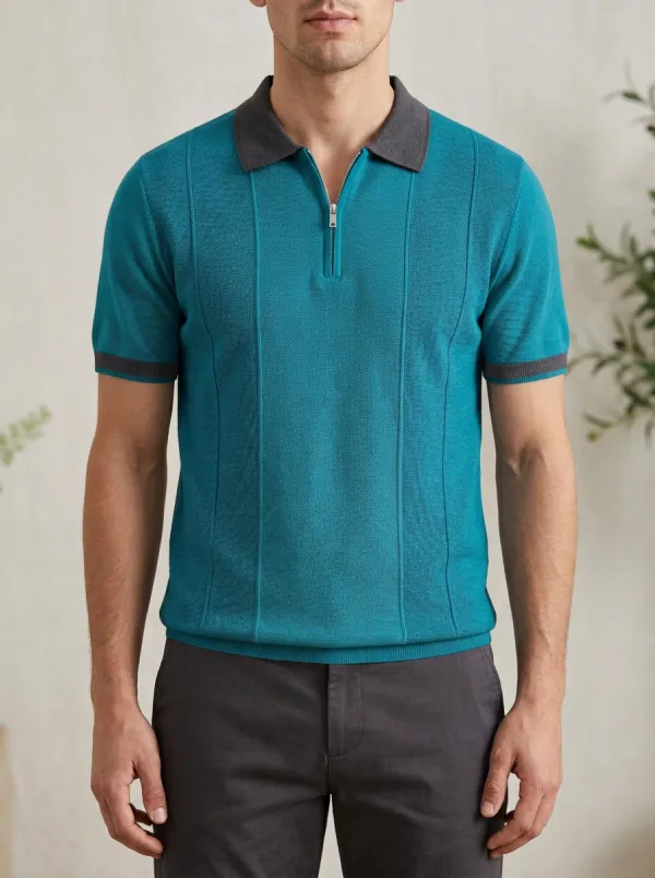 Men's Vintage Striped Quarter Zip Knit Polo Shirt