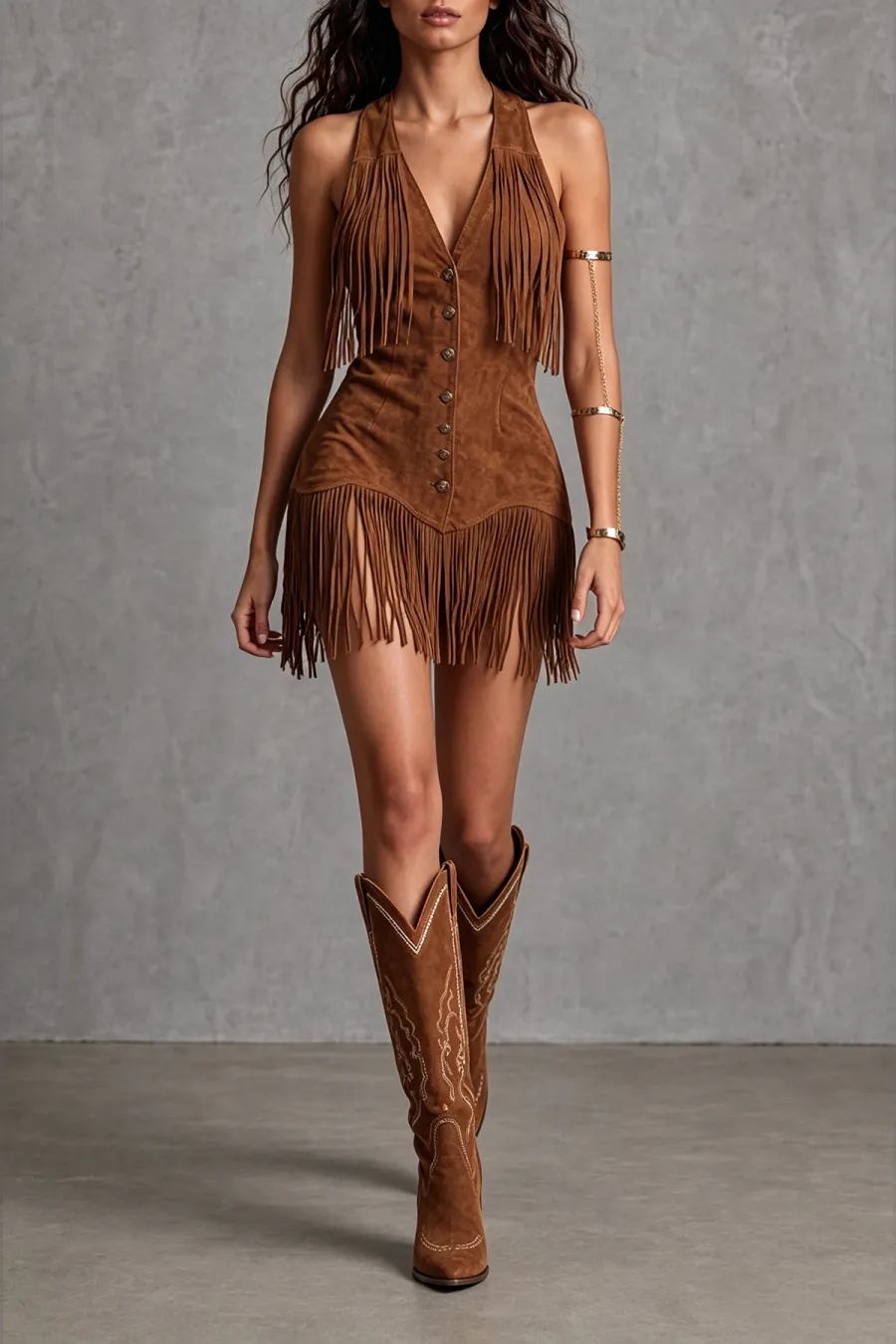 Button Front Fringe Midi Dress