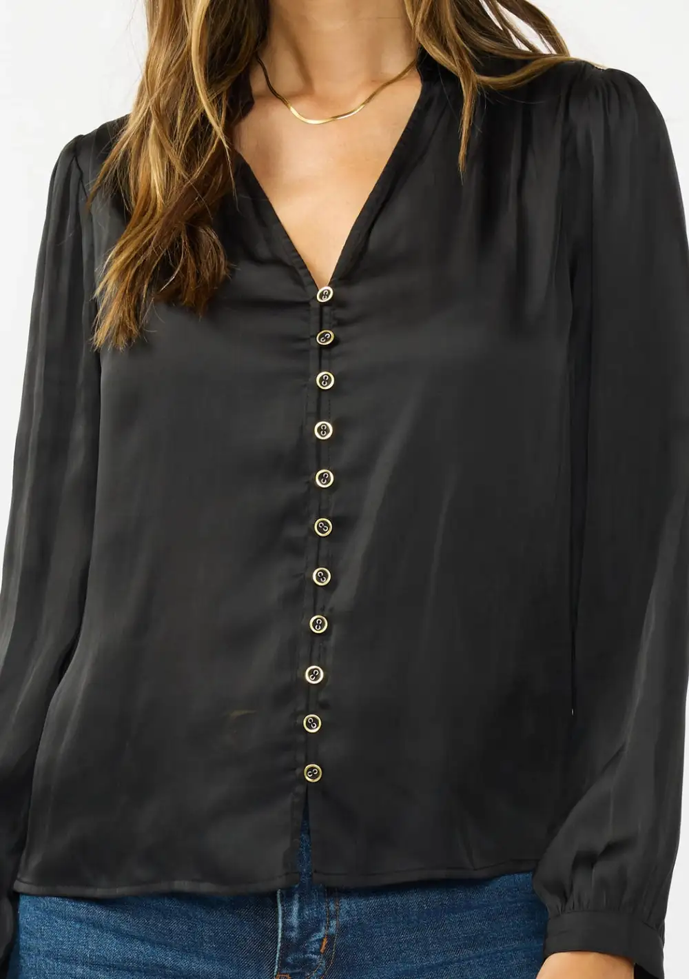 Shirred Satin Button Front Shirt