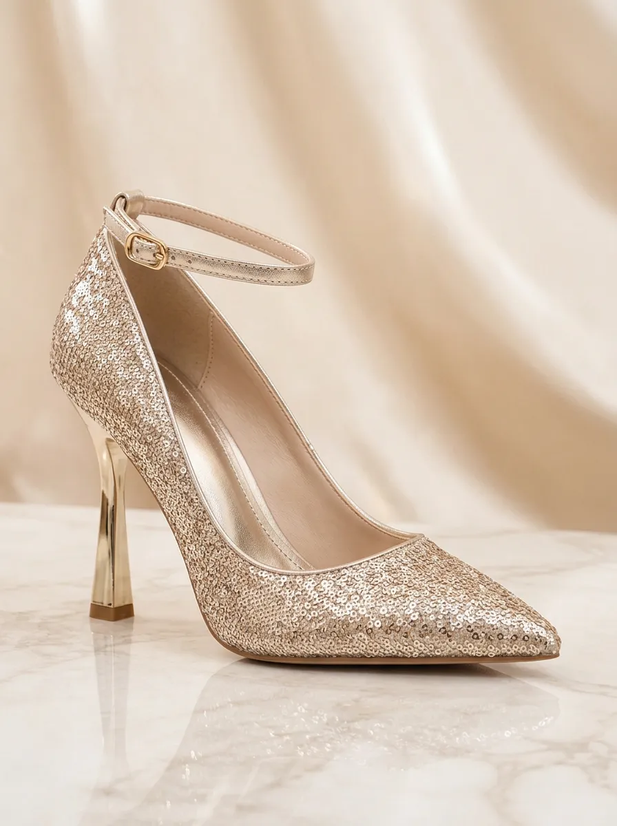 Sequin Buckle-Strap Pointed-Toe Ankle-Strap Women's Formal High Heels