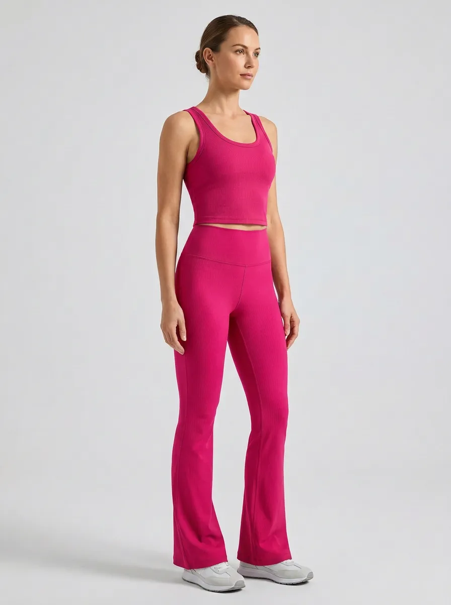 Women's Yoga Fitness Purple Ribbed Tank Top Flare Leggings Set
