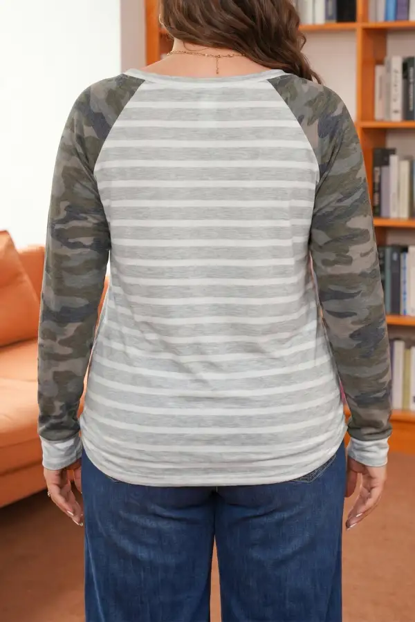 Women's Striped Camouflage Print Colorblock Top