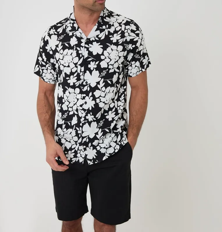 Black Abstract Floral Print Short-Sleeve Shirt