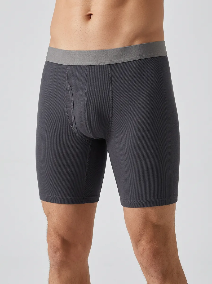 Men's Solid Charcoal Ribbed Cotton Boxer Briefs