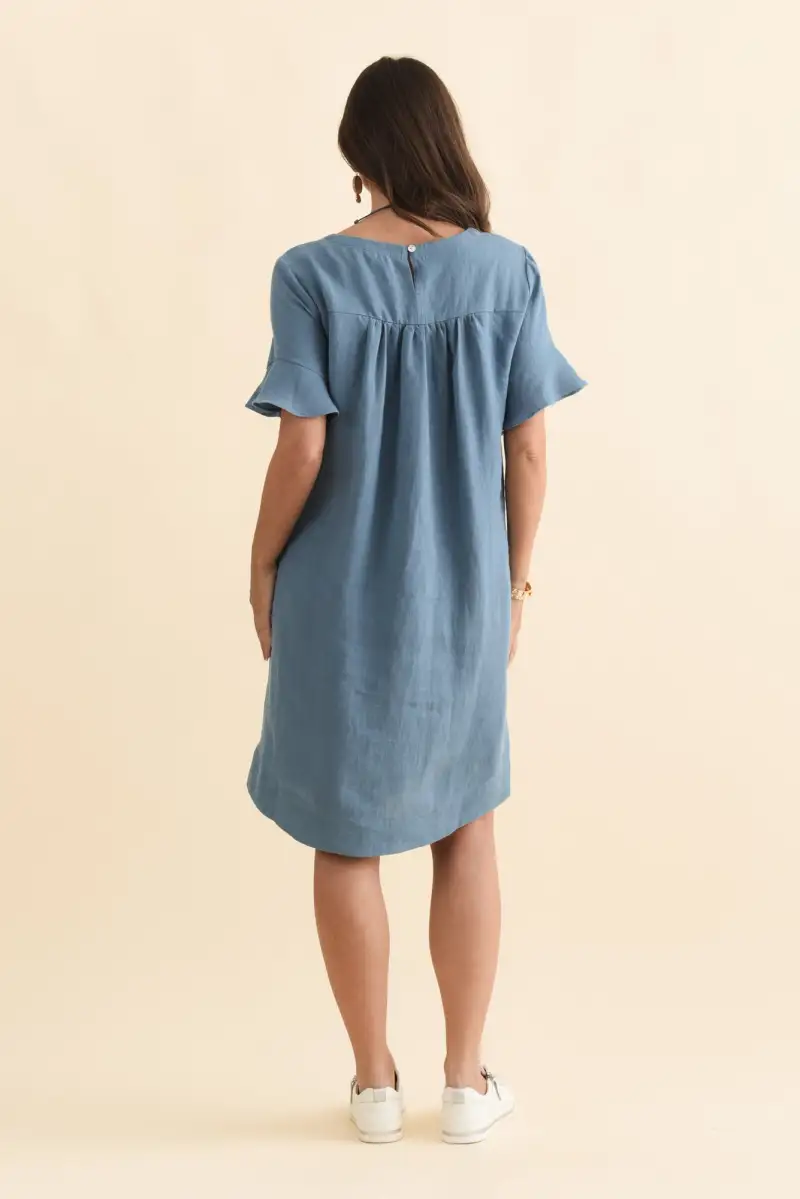 Pocket Above-Knee Linen Round-Neck Half-Sleeve A-Line Relaxed Dress