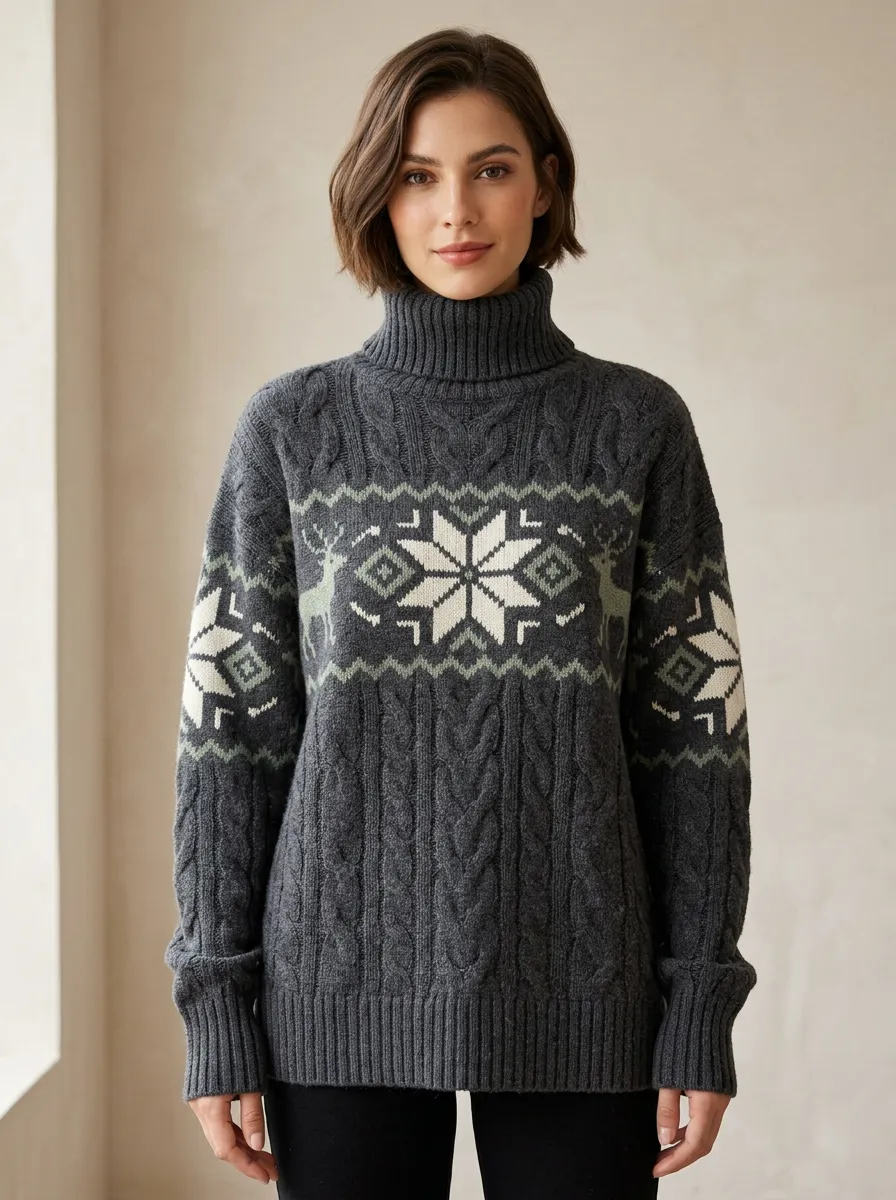 Women's Winter Christmas Deer Snowflake Pattern Knitted Turtleneck Sweater