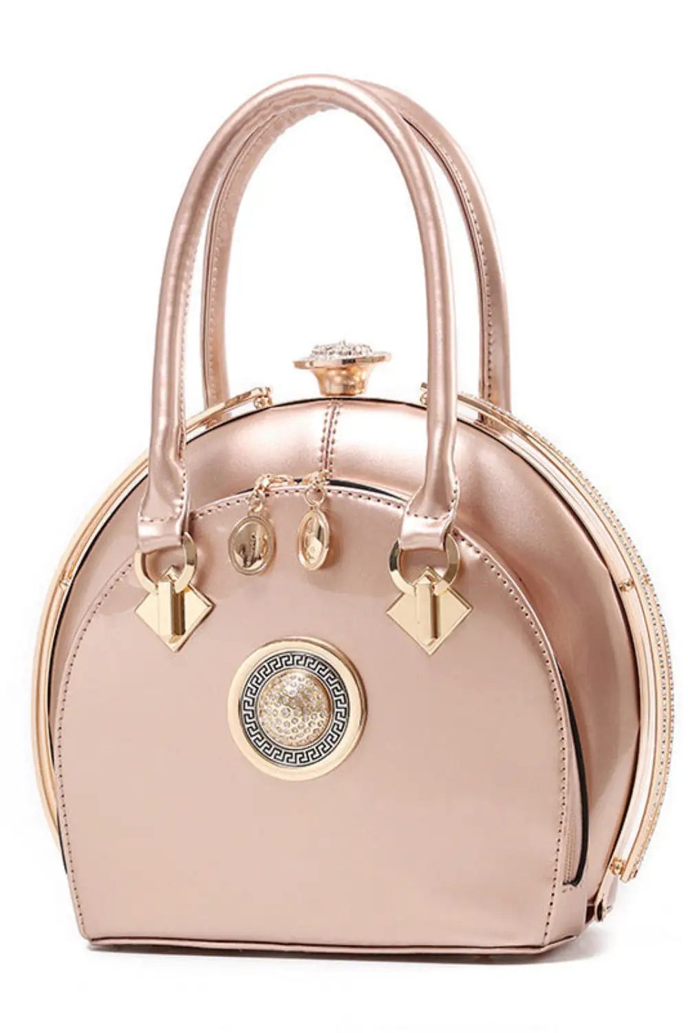 Glossy Black Round Handbag - Vintage Glam Aesthetic
