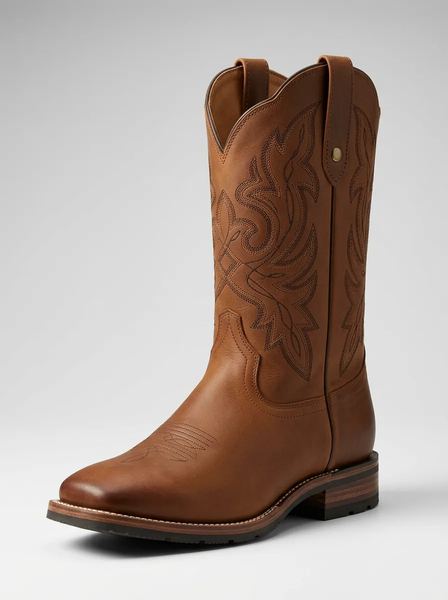 Men's Rounded-Square-Toe Tonal-Embroidery Welted Western Boots
