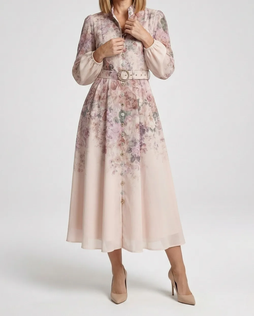 Women's A-Line Satin Floral Belted Midi Dress