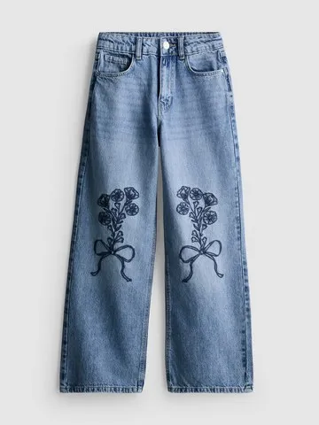7-15yrs | Floral Bow Embroidered Wide Leg Jeans