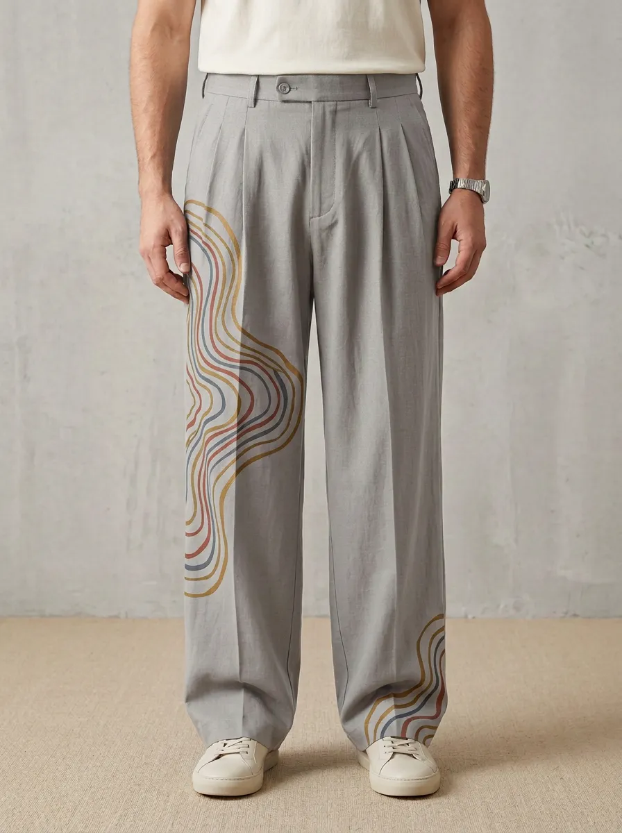 Men's Abstract Wave Pattern Printed Wide Leg Pants