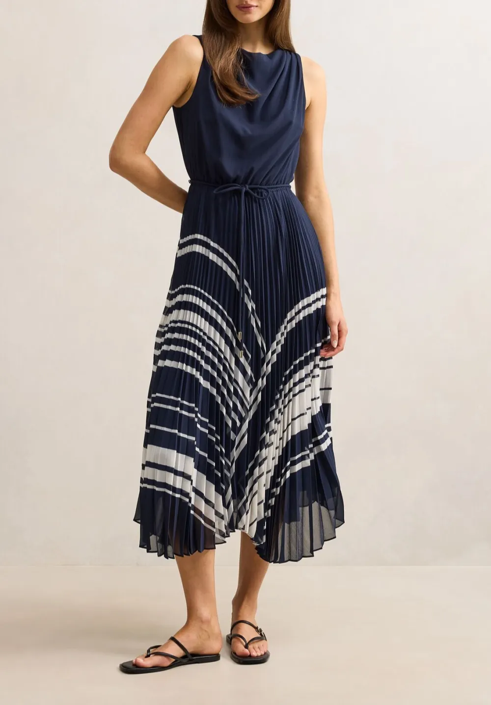 Navy White Pleated Skirt Sleeveless Midi Dress