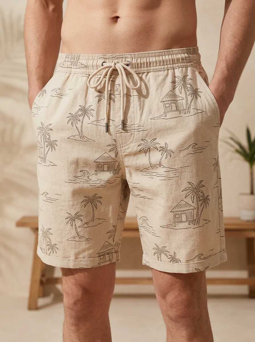 Men's Tropical Beach Lover Palm Tree Hut Printed Shorts