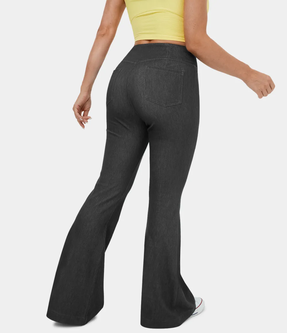 Magic High Waisted Crossover Back Pocket Stretchy Knit Casual Flare Jeans