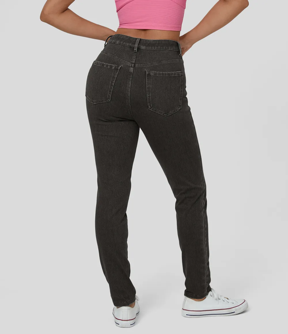 Magic High Waisted Button Zipper Multiple Pockets Stretchy Knit Casual Jeans