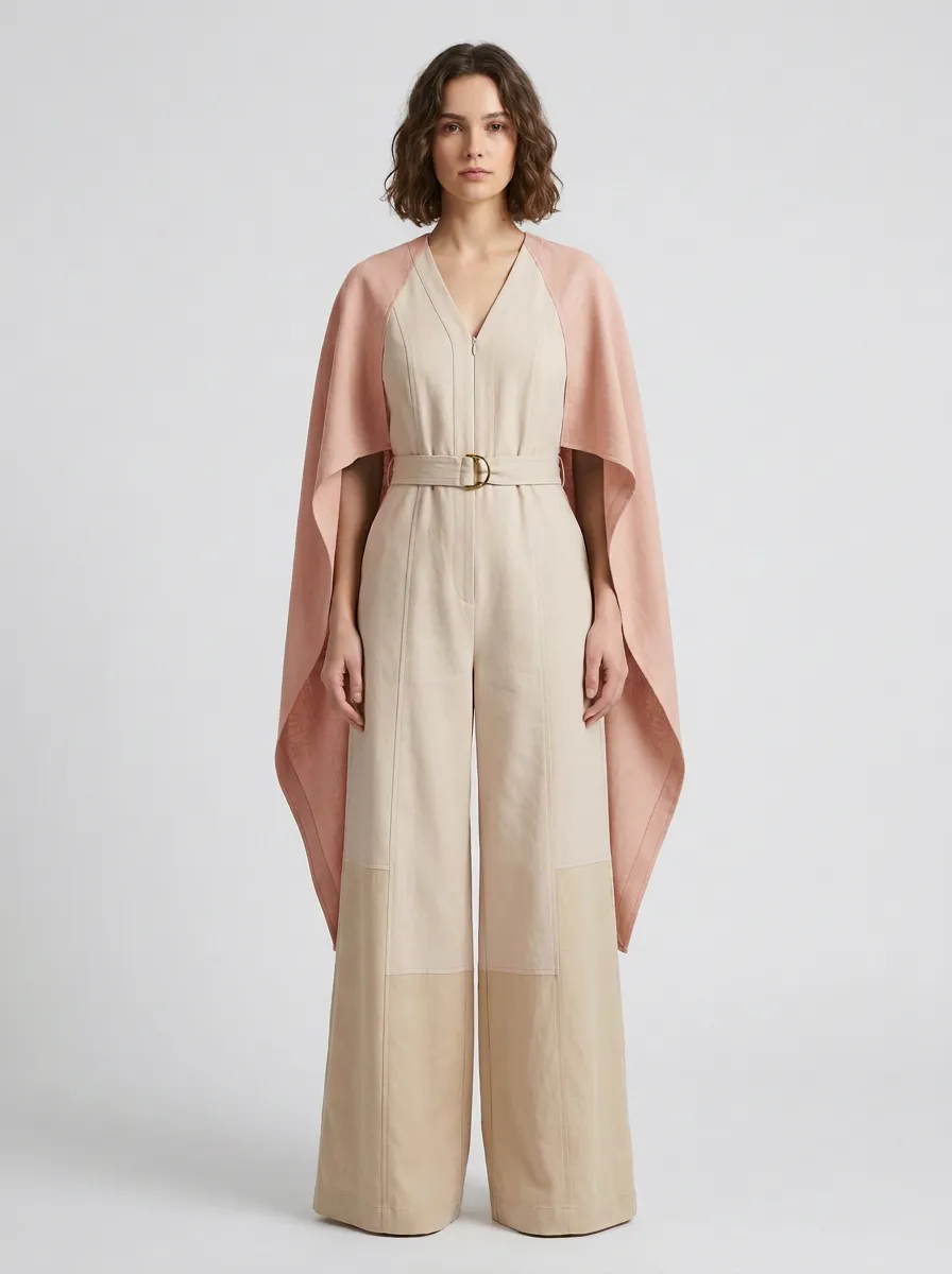 Women's Elegant Cape Style Colorblock Belted Jumpsuit