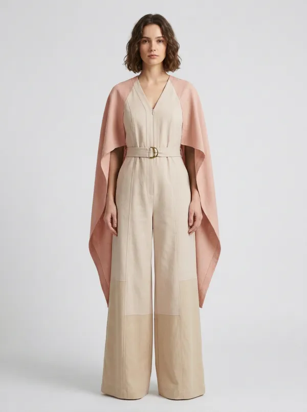 Women's Elegant Cape Style Colorblock Belted Jumpsuit