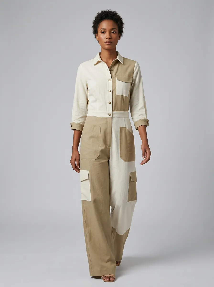 Women's Marin Casual Utility Two-Tone Colorblock Cargo Jumpsuit