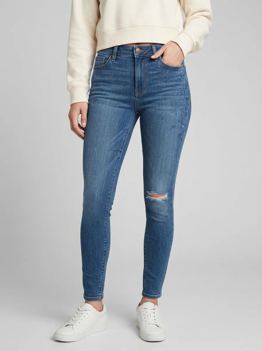 Women's Camden Floral Embroidered Distressed Graphic Slim Jeans