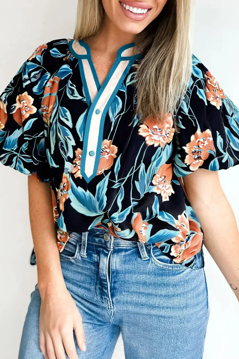 Women's Floral Print Notched Neck Puff Sleeve Top