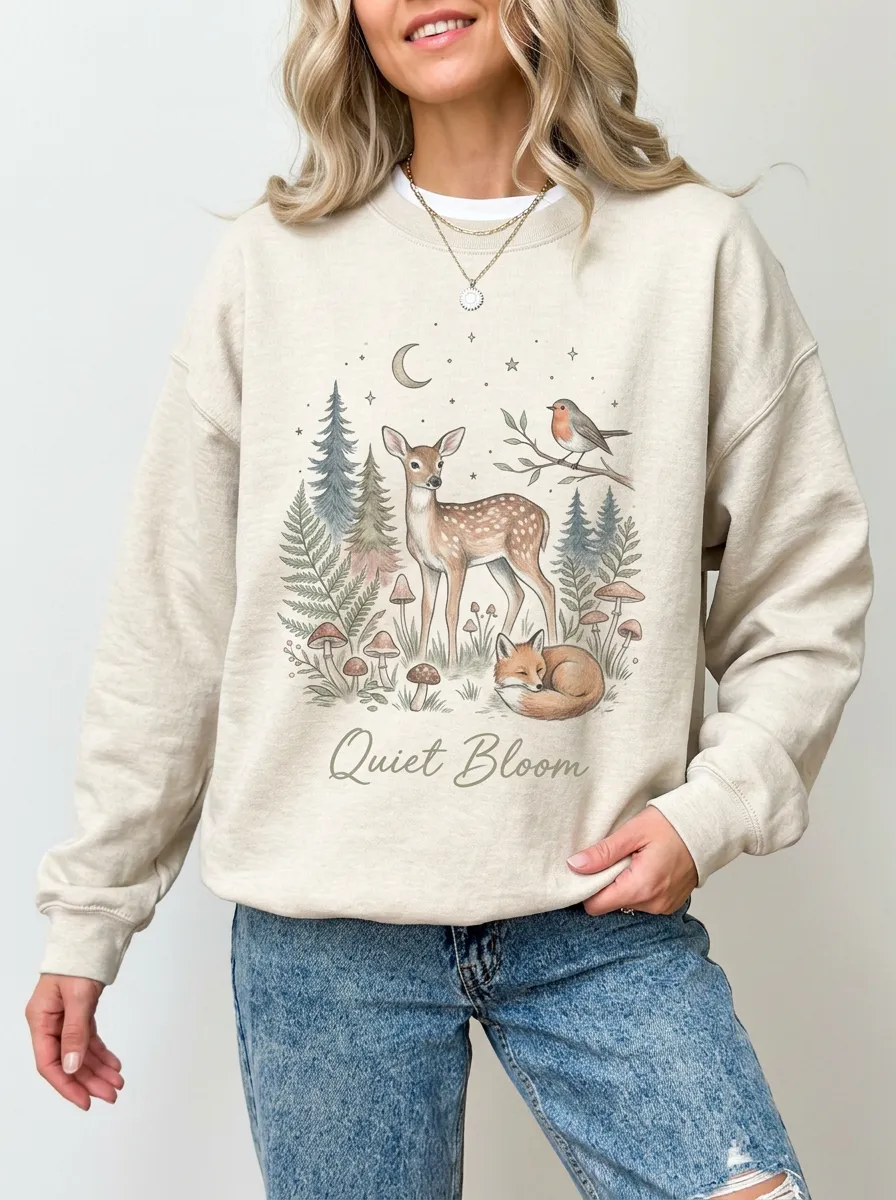 Women's Nature Forest Deer Fox Quiet Bloom Graphic Sweatshirt
