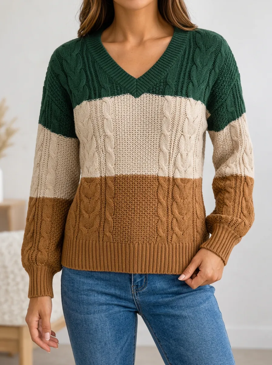 Expressive V Neck Knit with Colorblock and Cable Knit Texture