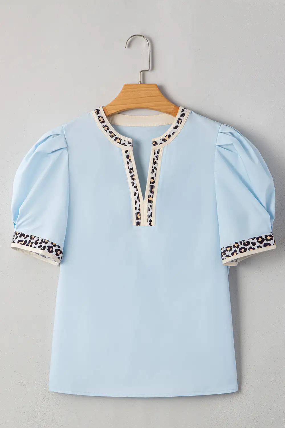Leopard Print Puff Sleeve Split Neck Blouse