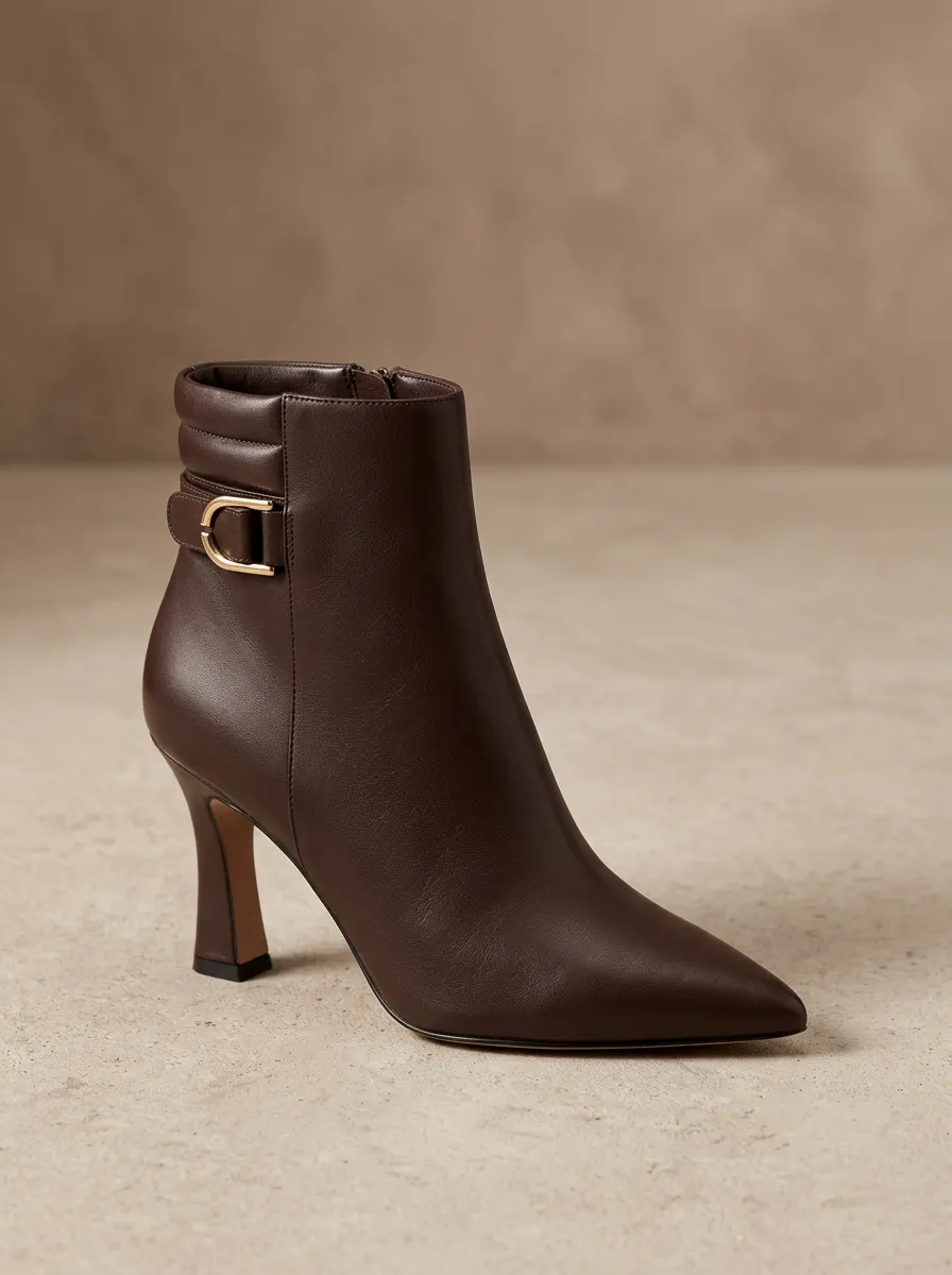 Buckle-Detail Pointed-Toe Leather-Look Women's High-Heel Ankle Boots