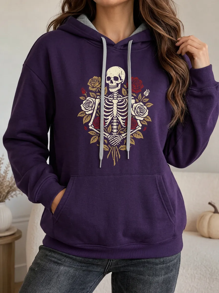 Women's Halloween Skeleton Floral Contrast Drawstring Hoodie