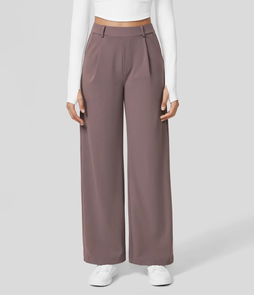 2026🔥  High Waisted Plicated Side Pocket Straight Leg Work Pants