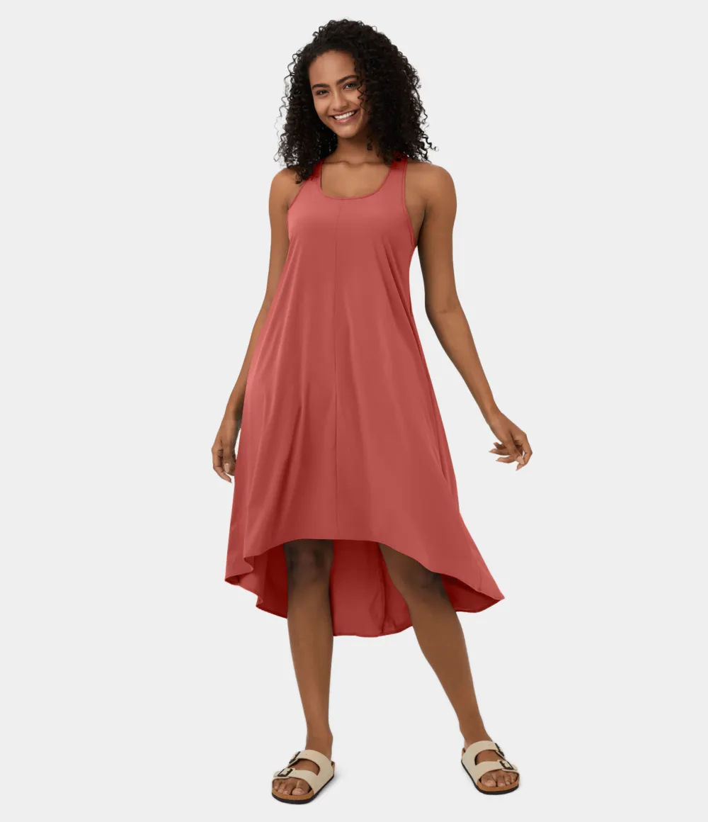 Breezeful Backless Racerback Side Pocket High Low Flowy Midi Quick Dry Casual Dress